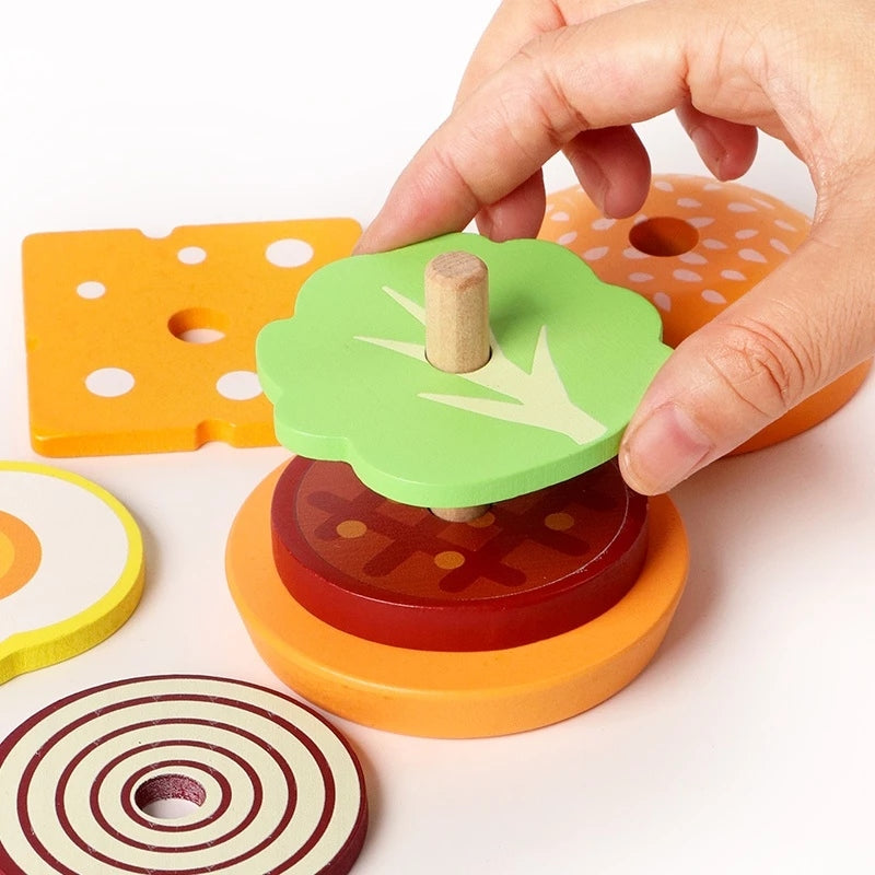 Brinquedo Educativo de Madeira Montessori – Sanduíche de Empilhar com Cartas de Comida para Crianças