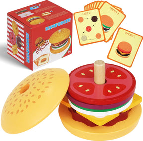 Brinquedo Educativo de Madeira Montessori – Sanduíche de Empilhar com Cartas de Comida para Crianças