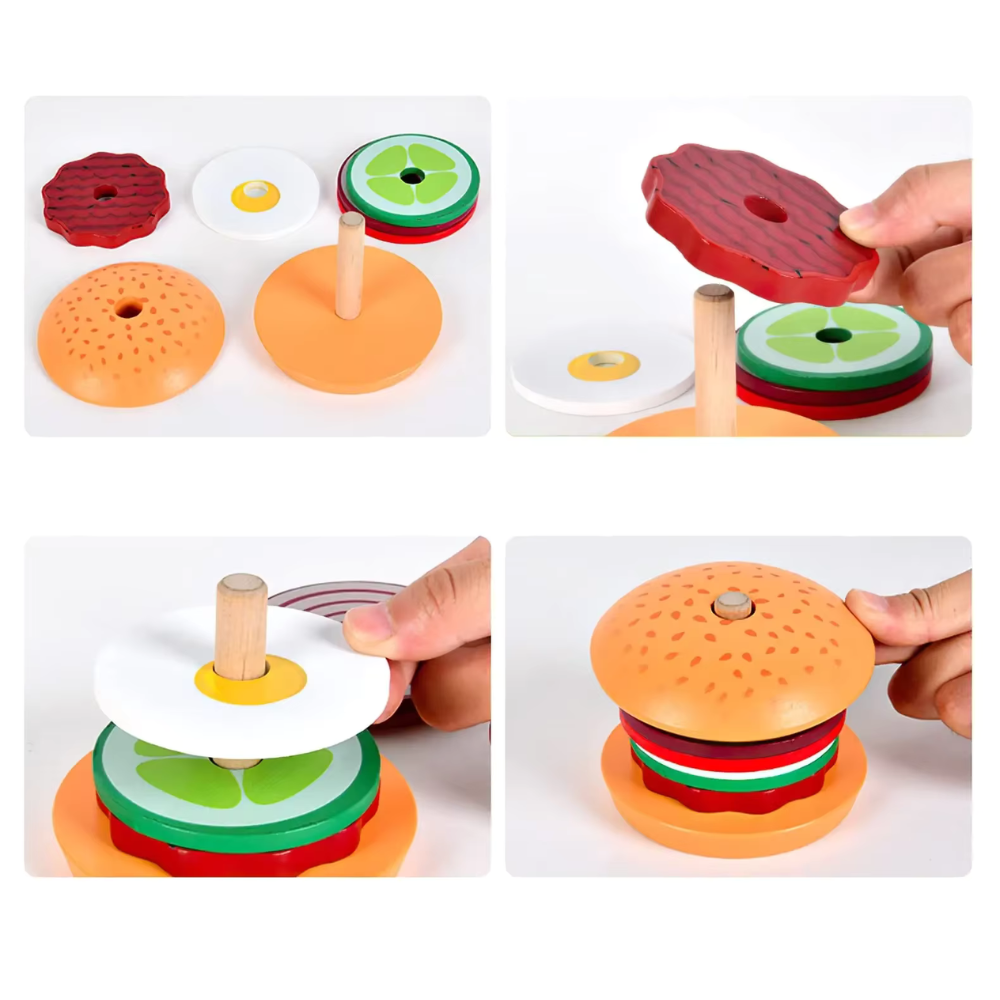 Brinquedo Educativo de Madeira Montessori – Sanduíche de Empilhar com Cartas de Comida para Crianças