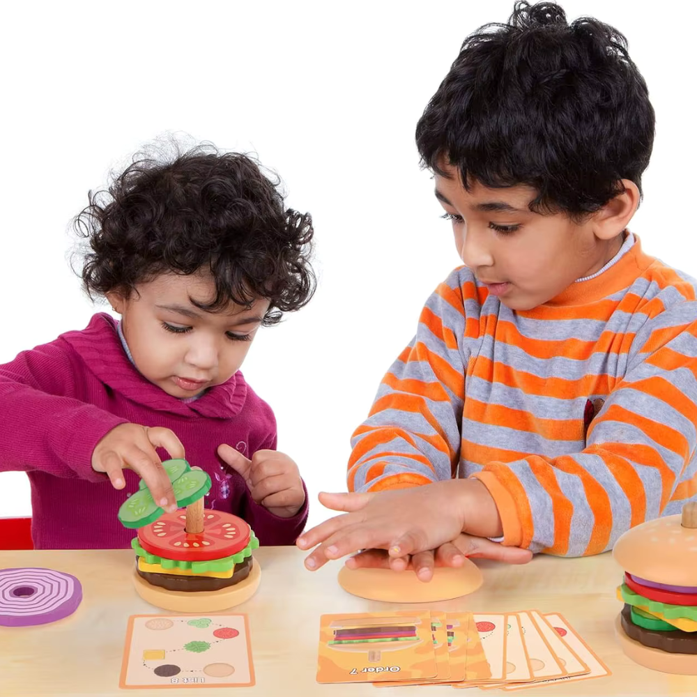 Brinquedo Educativo de Madeira Montessori – Sanduíche de Empilhar com Cartas de Comida para Crianças