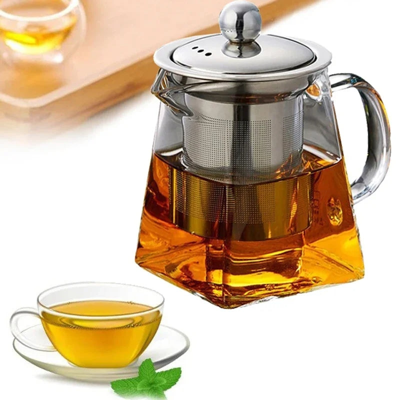 Bule de Vidro Resistente ao Calor com Infusor em Aço Inox – Design Quadrado 950ml