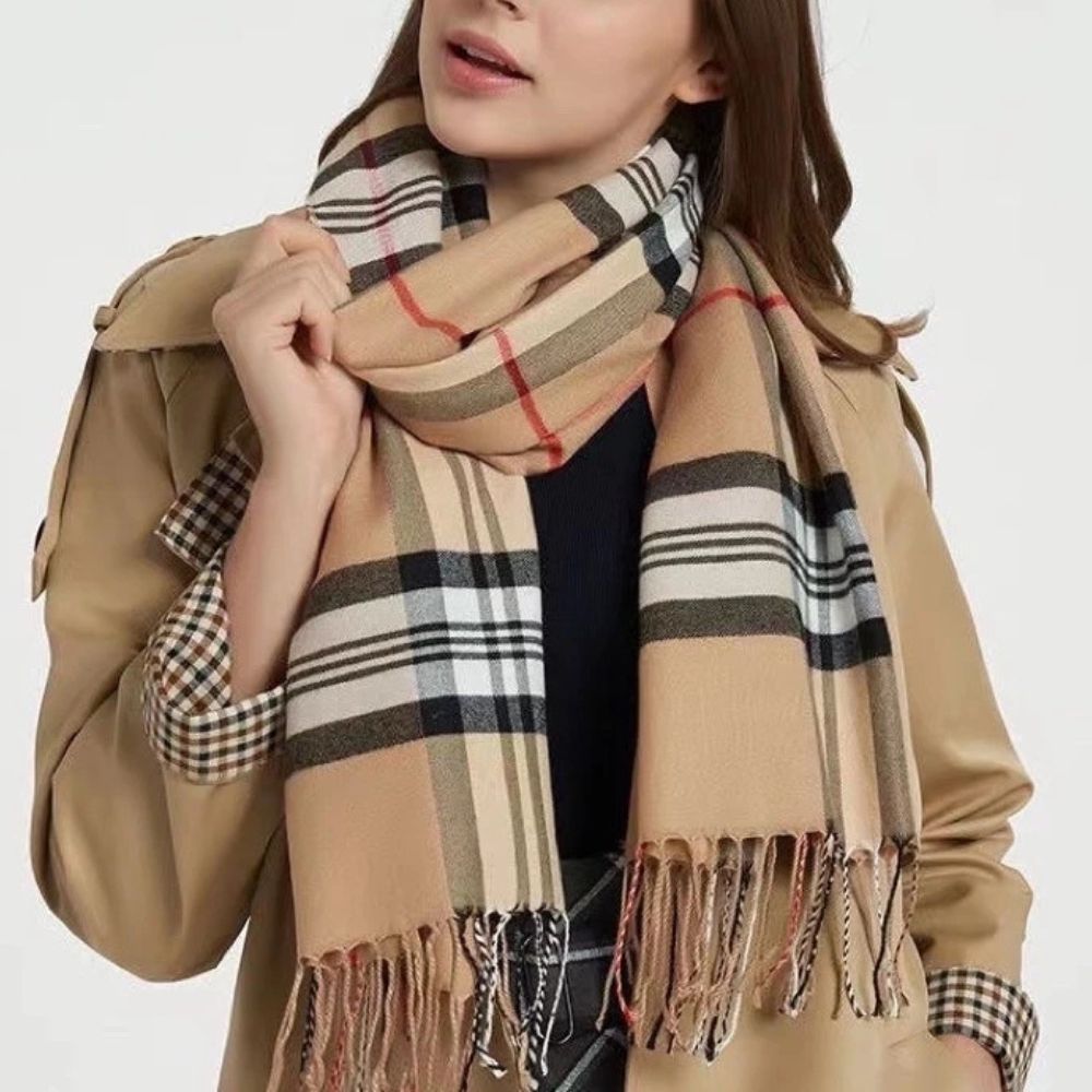 Cachecol Unissex Xadrez Clássico com Franjas para Inverno