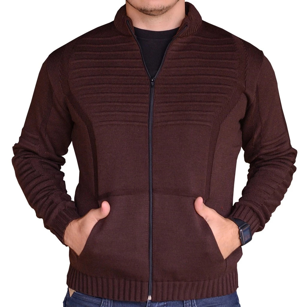 Cardigan Masculino em Tricot com Zíper Frontal e Bolsos