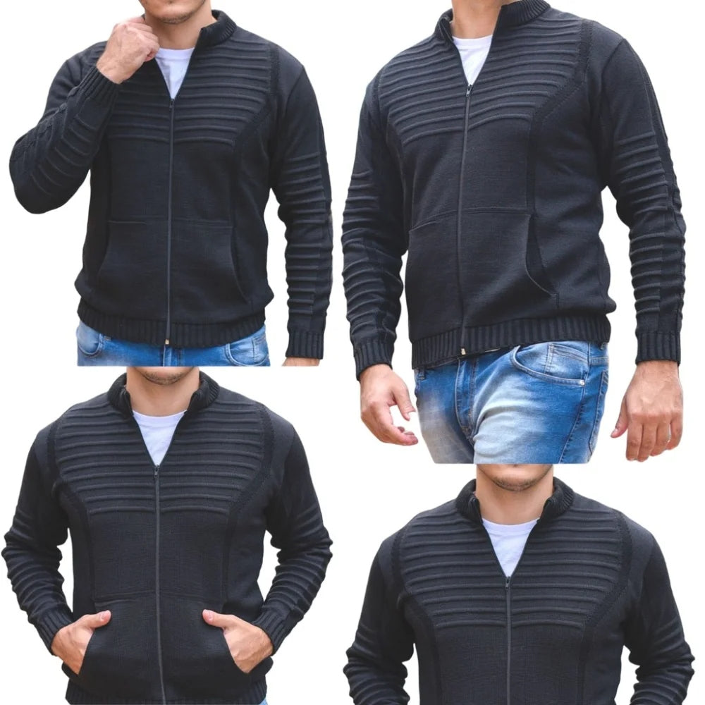 Cardigan Masculino em Tricot com Zíper Frontal e Bolsos