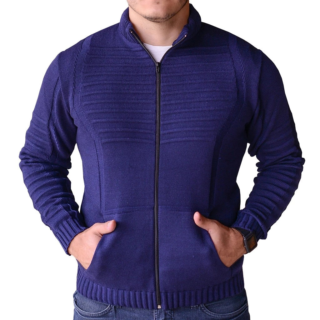 Cardigan Masculino em Tricot com Zíper Frontal e Bolsos