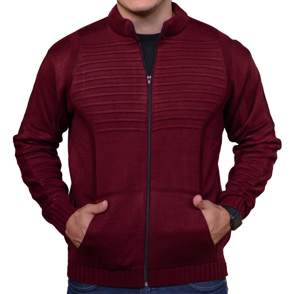 Cardigan Masculino em Tricot com Zíper Frontal e Bolsos