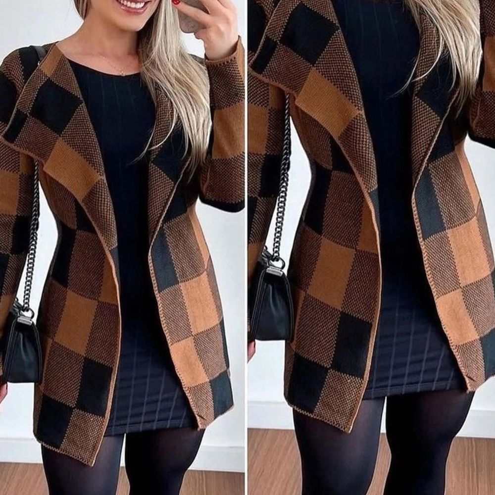 Casaco Feminino Xadrez de Inverno em Tricô com Manga Longa