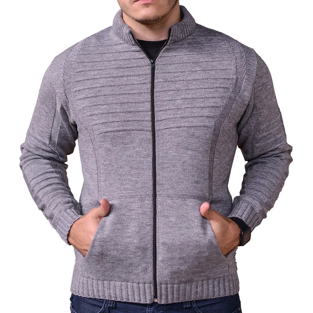 Casaco Masculino de Lã Tricot com Zíper e Bolsos