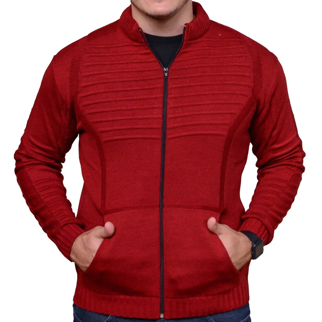 Casaco Masculino de Lã Tricot com Zíper e Bolsos