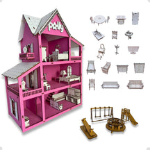 Casinha de Boneca em MDF – 19 Móveis e Parquinho Infantil Completo