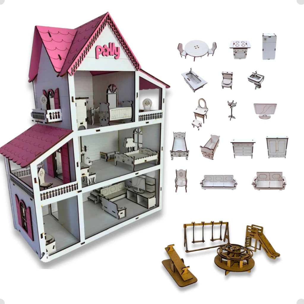 Casinha de Boneca em MDF – 19 Móveis e Parquinho Infantil Completo