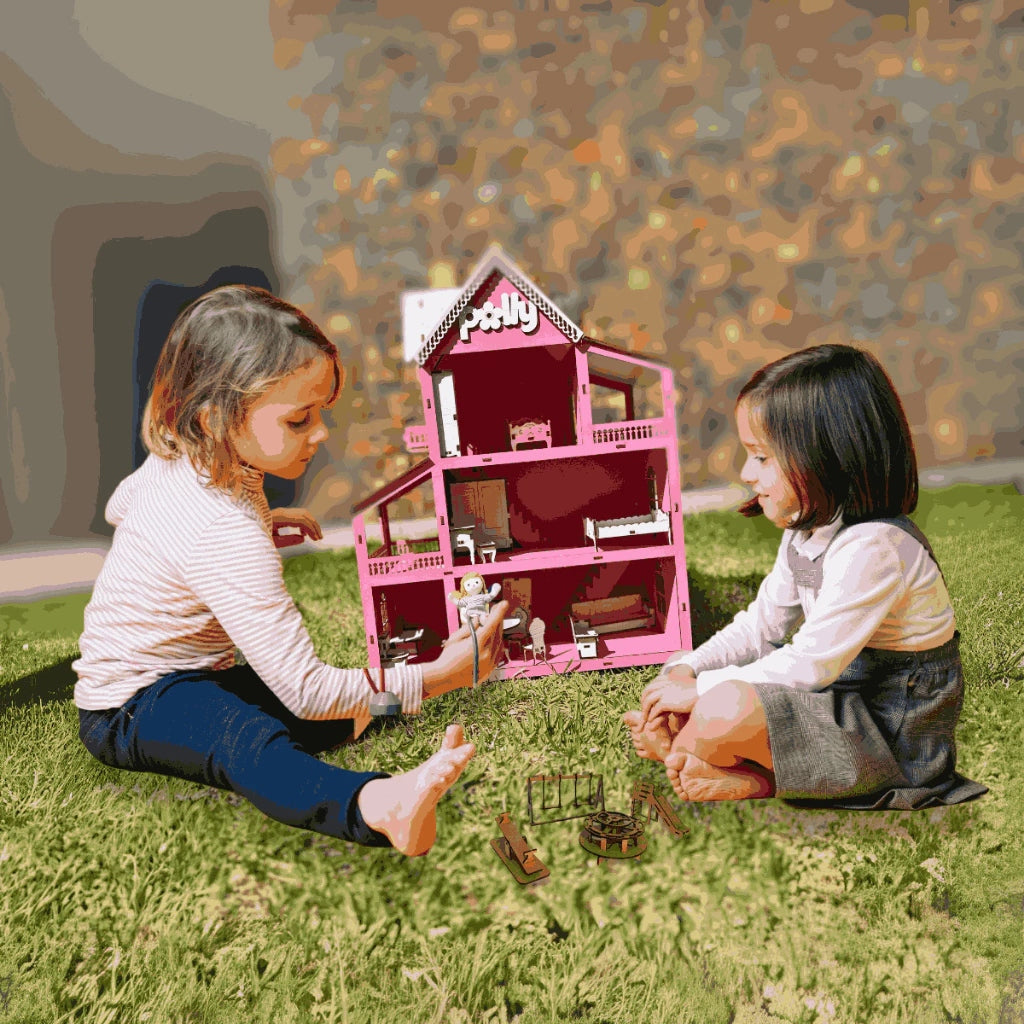 Casinha de Boneca em MDF – 19 Móveis e Parquinho Infantil Completo