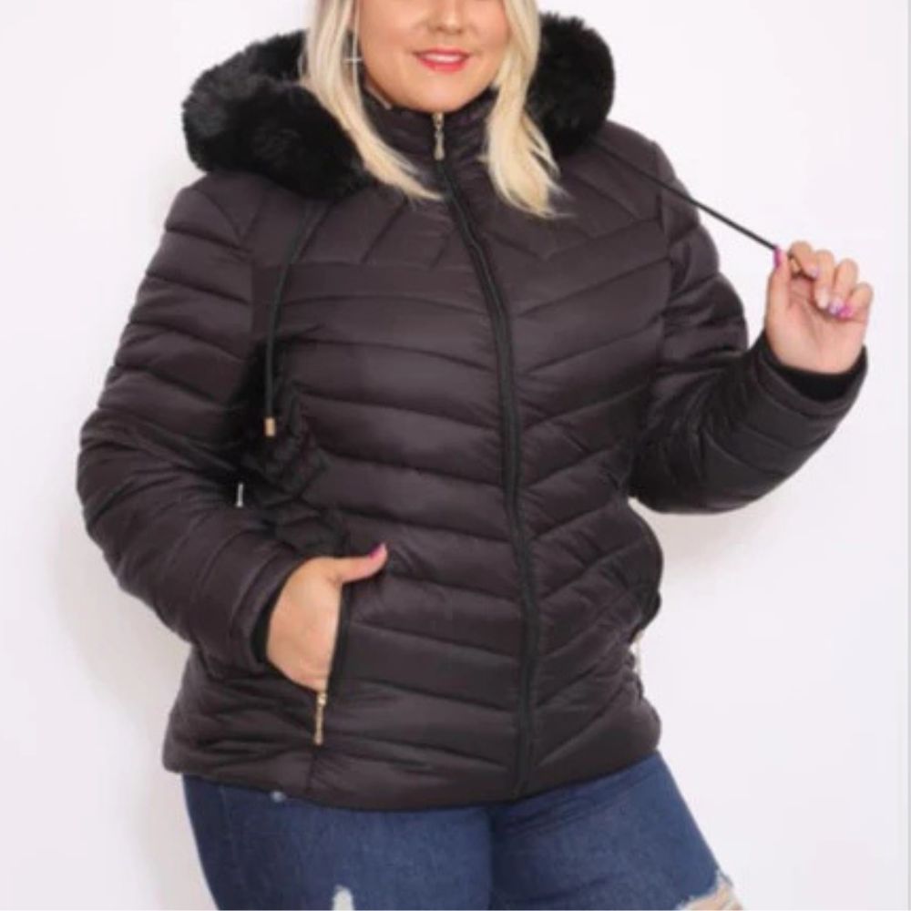 Jaqueta Feminina Puffer com Capuz e Forro de Pelúcia Térmico
