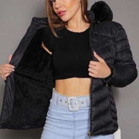 Jaqueta Feminina Puffer com Capuz e Forro de Pelúcia Térmico