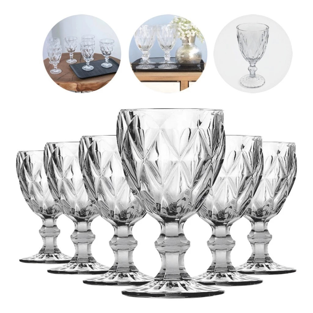 Jogo 6 Taças de Vidro Diamante Abacaxi Bico de Jaca 330ml – Copo Transparente Gourmet