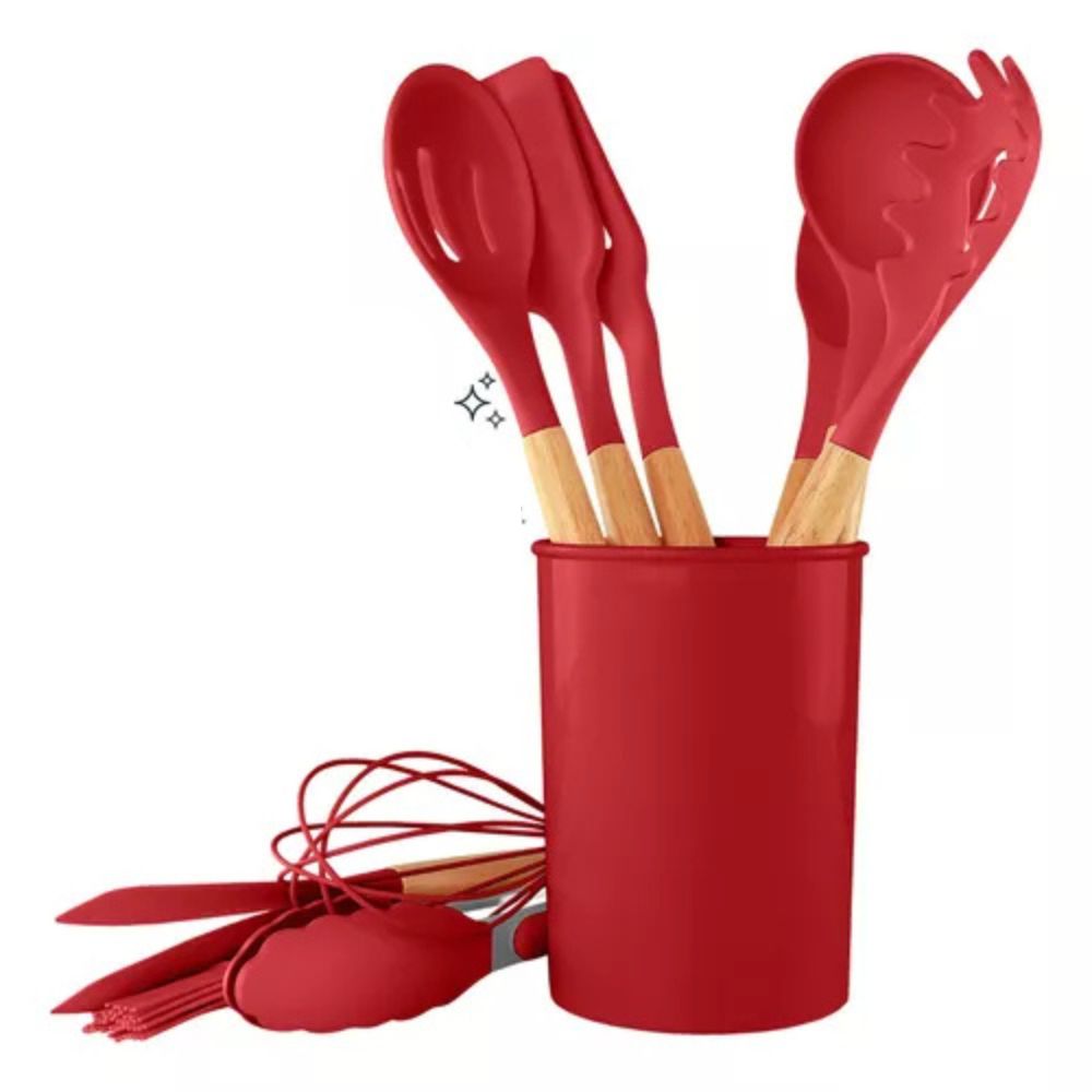 Kit 12 Utensílios de Cozinha em Silicone com Cabo de Madeira