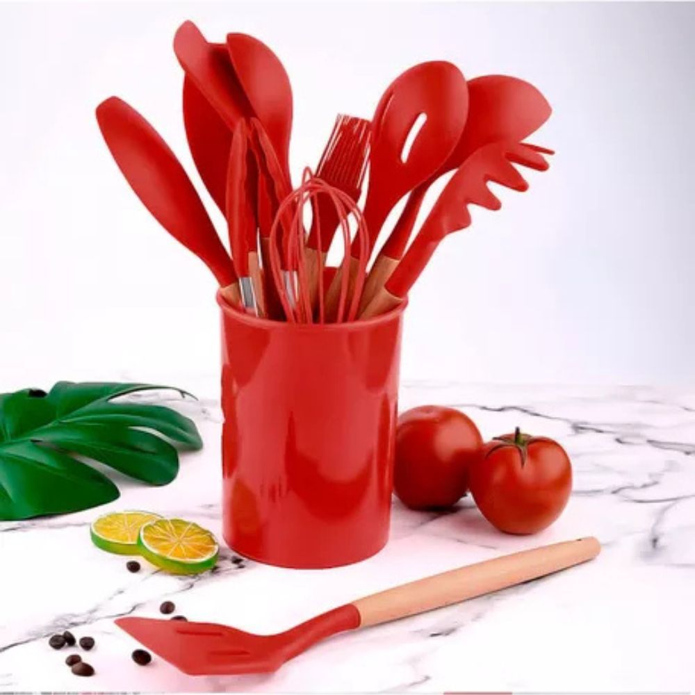 Kit 12 Utensílios de Cozinha em Silicone com Cabo de Madeira