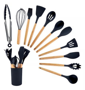 Kit 12 Utensílios de Cozinha em Silicone com Cabo de Madeira