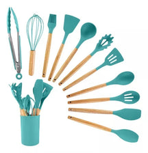 Kit 12 Utensílios de Cozinha em Silicone com Cabo de Madeira