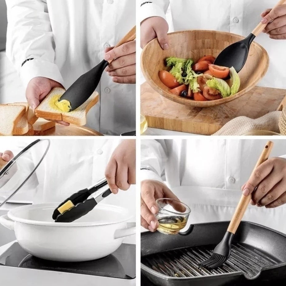 Kit 12 Utensílios de Cozinha em Silicone com Cabo de Madeira