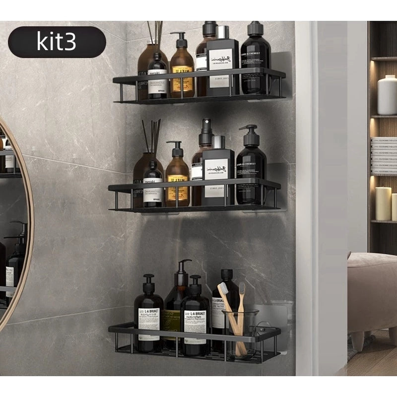 Kit 3 Suportes Organizadores de Shampoo – Prateleira de Banheiro Sem Furo em Alumínio Space Premium