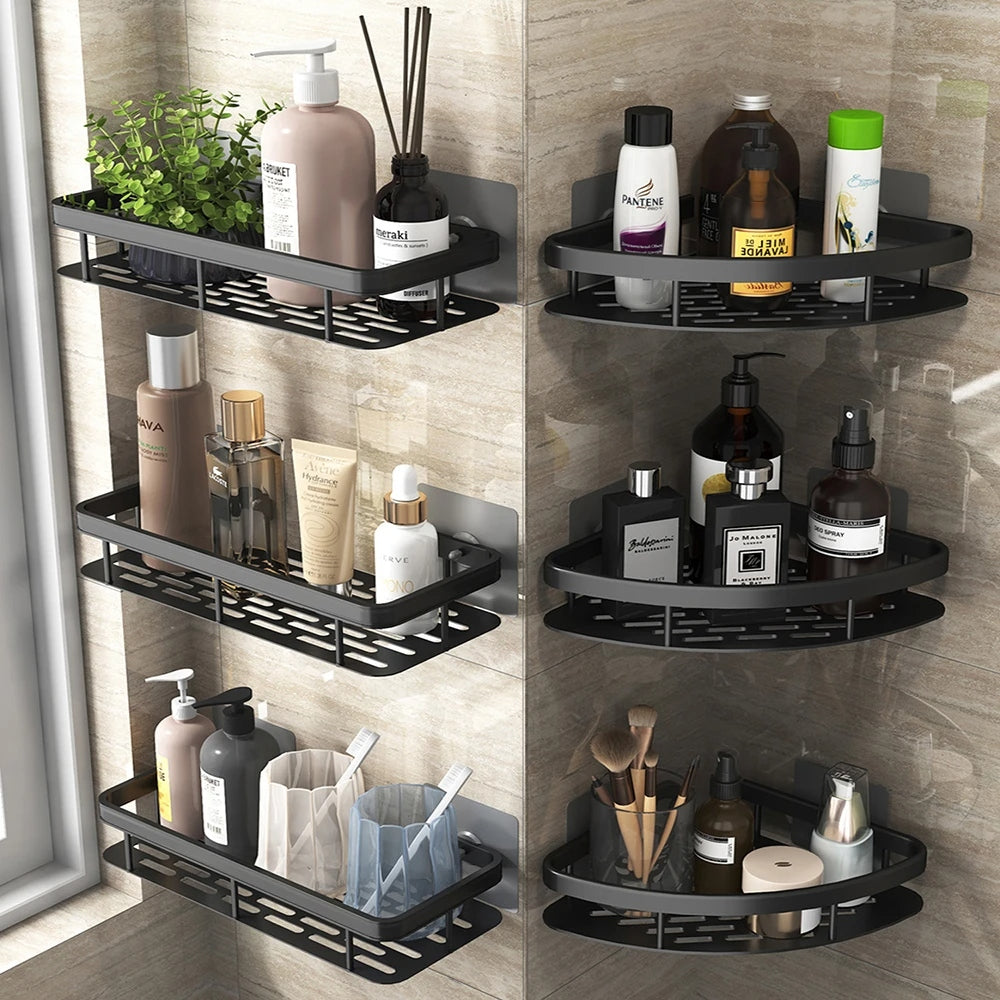 Kit 3 Suportes Organizadores de Shampoo – Prateleira de Banheiro Sem Furo em Alumínio Space Premium