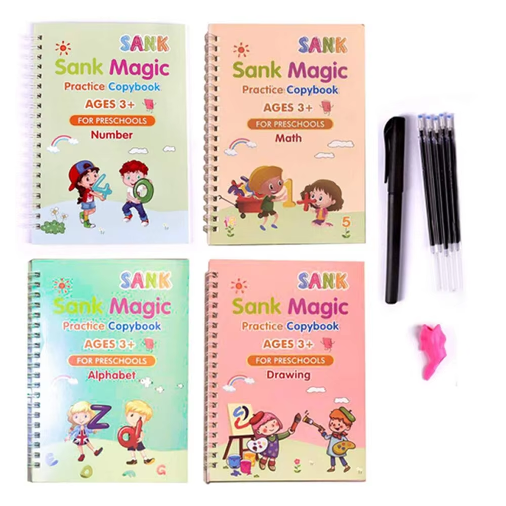Kit 4 Livros de Escrita Mágica Infantil – Cadernos Reutilizáveis Montessori para Alfabeto, Números, Matemática e Desenho