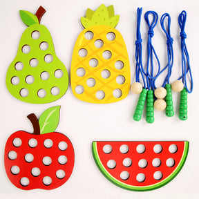 Kit Educativo de Frutas de Madeira com Cordão – Brinquedo Montessori de Encaixe e Rosqueamento para Coordenação Motora