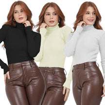 Kit com 3 Blusas de Frio Feminina em Tricô com Gola Alta
