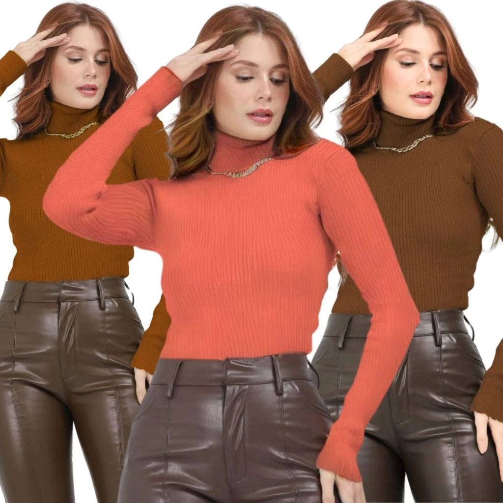 Kit com 3 Blusas de Frio Feminina em Tricô com Gola Alta