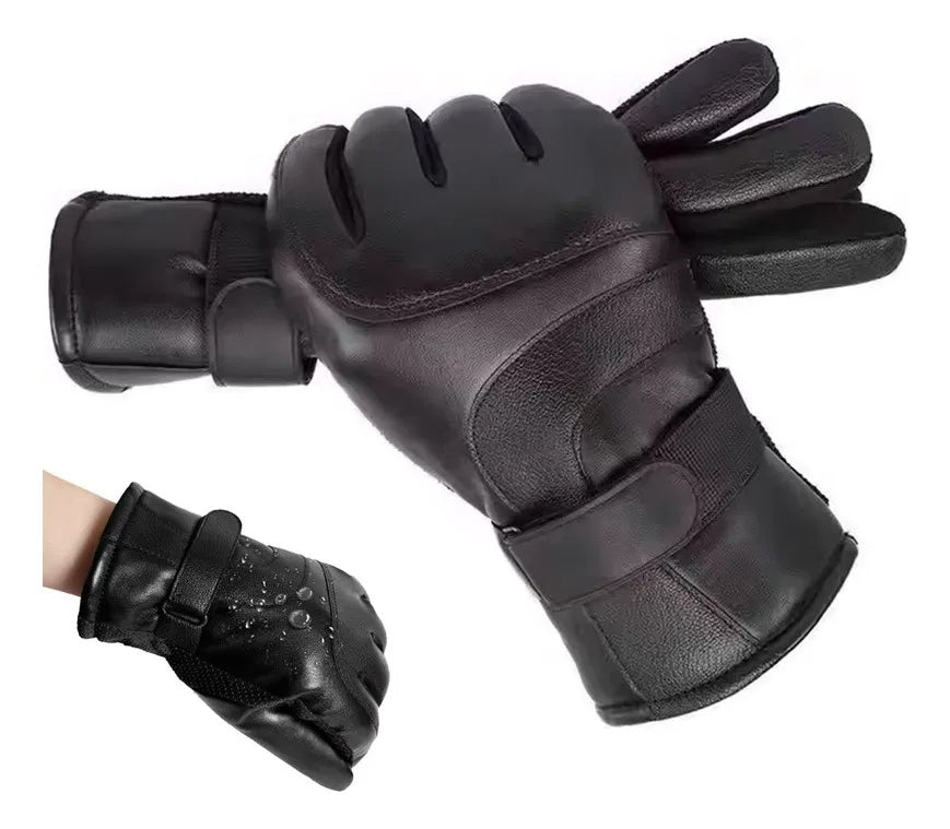 Luva de Couro Impermeável Térmica com Touch para Motoqueiro