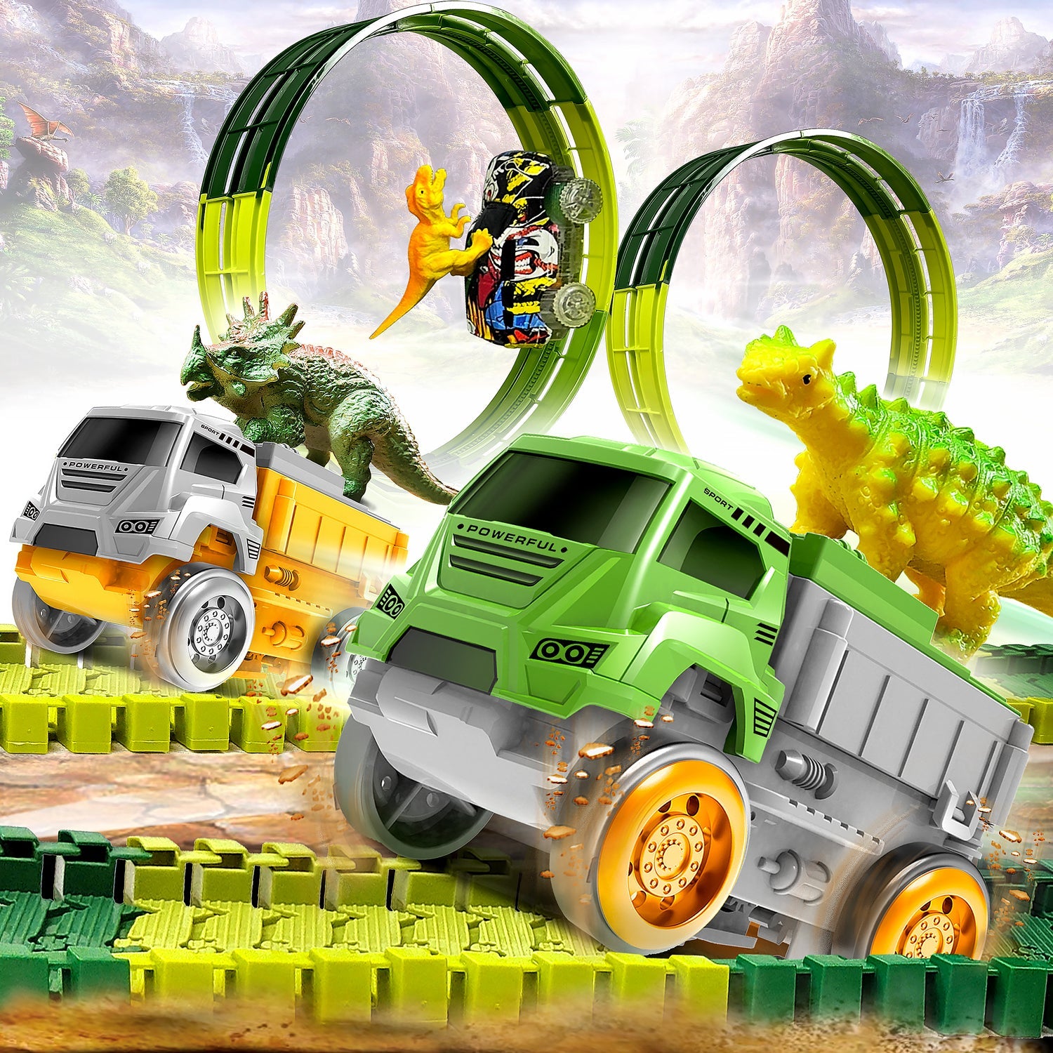 Pista Elétrica Infantil com Dinossauros – Brinquedo Educativo de Montar com Carros, Loopings e Acessórios Interativos