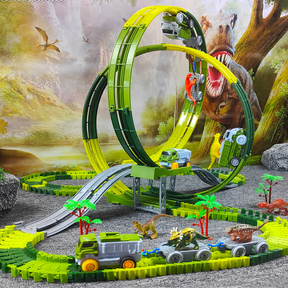 Pista Elétrica Infantil com Dinossauros – Brinquedo Educativo de Montar com Carros, Loopings e Acessórios Interativos