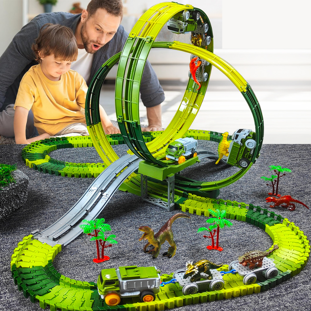 Pista Elétrica Infantil com Dinossauros – Brinquedo Educativo de Montar com Carros, Loopings e Acessórios Interativos
