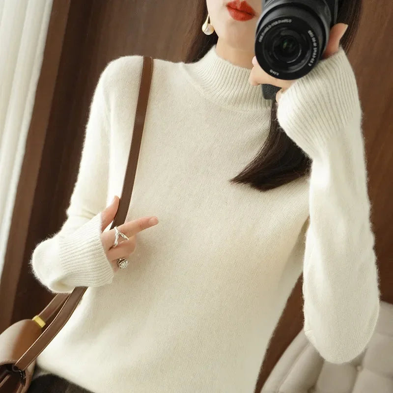 Camisa Feminina Manga Longa Gola Alta Básica - Modelagem Slim Estilo Coreano para Outono e Inverno