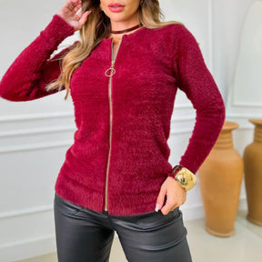 Suéter Feminino Inverno Peluciado com Fechamento em Zíper