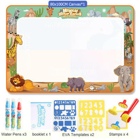 Tapete Mágico de Desenho com Água 100x80cm – Canetas Reutilizáveis e Moldes Educativos Montessori