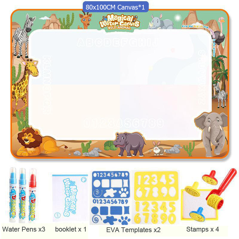 Tapete Mágico de Desenho com Água 100x80cm – Canetas Reutilizáveis e Moldes Educativos Montessori