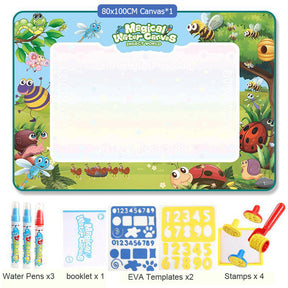 Tapete Mágico de Desenho com Água 100x80cm – Canetas Reutilizáveis e Moldes Educativos Montessori