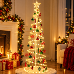 Detalhes da árvore de Natal espiral e enfeites
