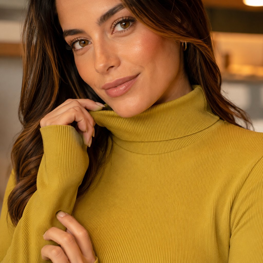 Blusa Feminina Tricô Gola Alta Pullover - Manga Longa Elegante Estilo Coreano para Outono e Inverno