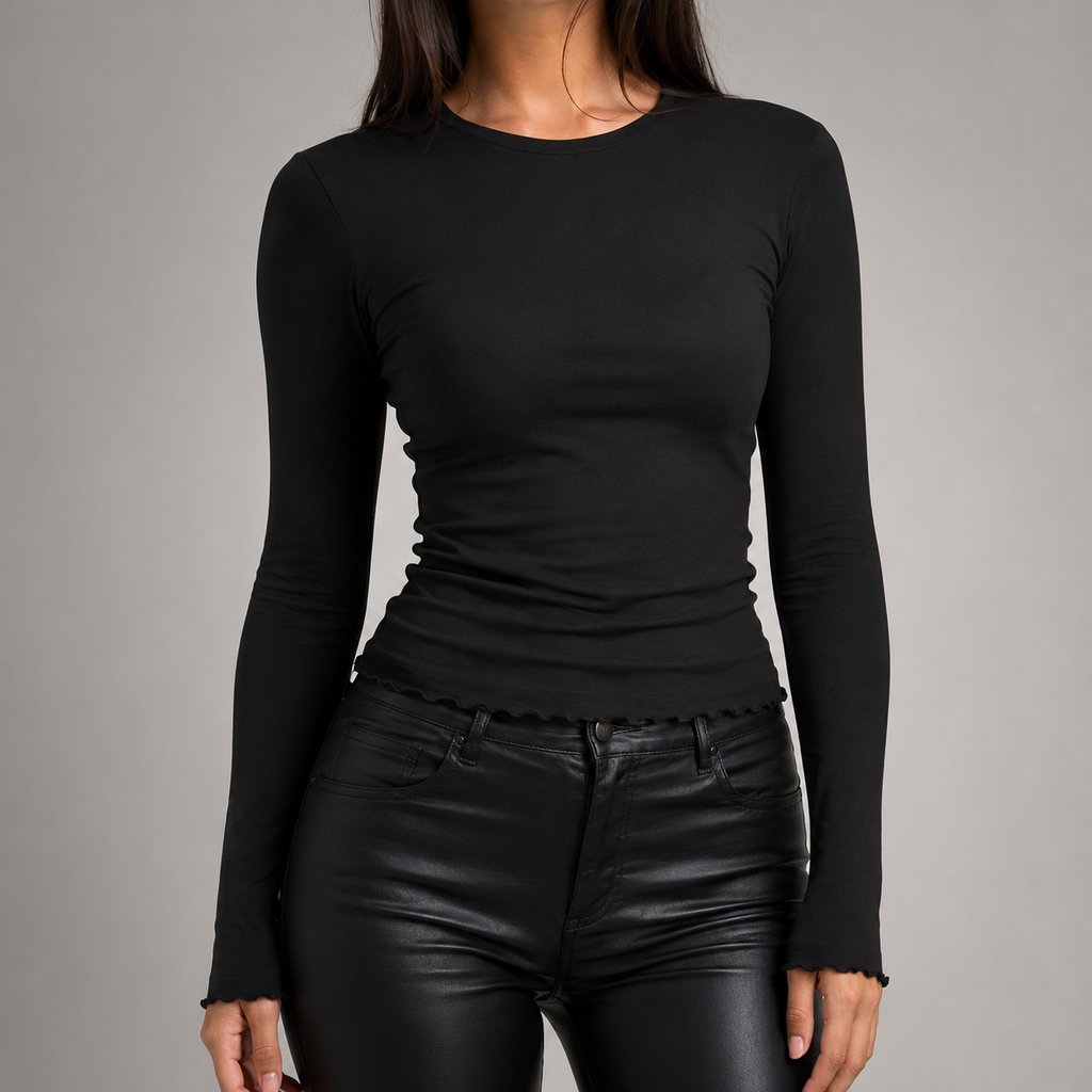 Camiseta Feminina Manga Longa Básica Elástica - Slim Decote Redondo Casual para Outono e Inverno