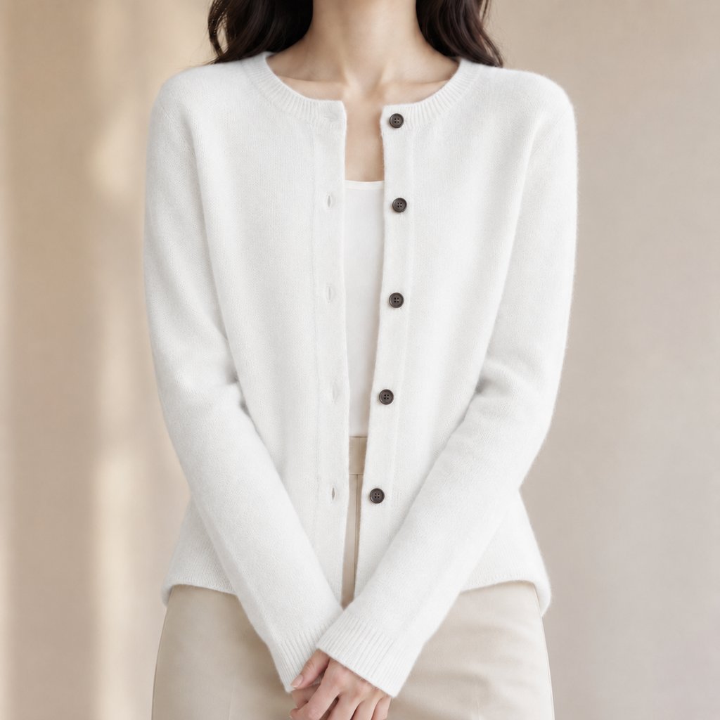 Cardigã Feminino de Lã Merino 100% Cashmere - Decote Redondo com Botões para Outono e Inverno Premium