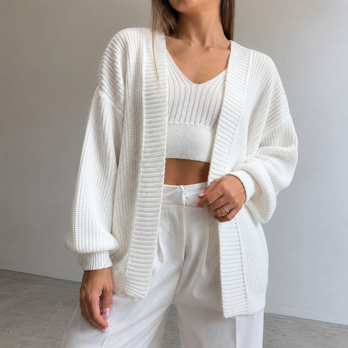 Cardigan Feminino Tricot Bufante Manga Longa - Casaco Quente e Confortável para Inverno