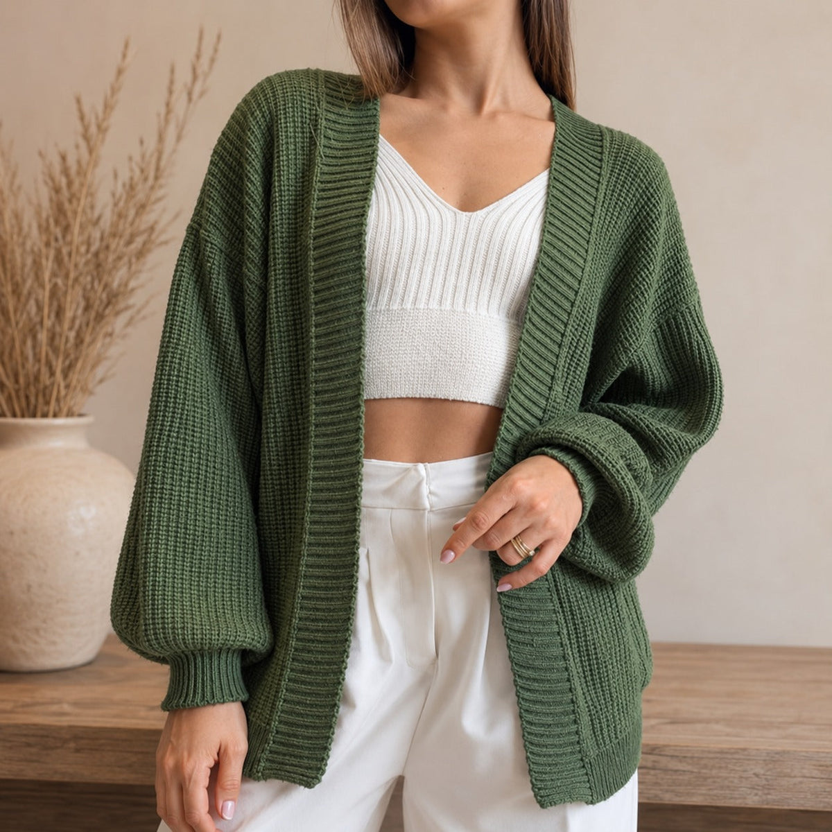 Cardigan Feminino Tricot Bufante Manga Longa - Casaco Quente e Confortável para Inverno