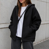 Casaco Feminino Oversize com Capuz e Zíper - Bolsos Duplos, Streetwear Solto e Quente para Inverno