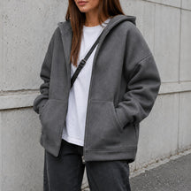 Casaco Feminino Oversize com Capuz e Zíper - Bolsos Duplos, Streetwear Solto e Quente para Inverno
