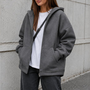 Casaco Feminino Oversize com Capuz e Zíper - Bolsos Duplos, Streetwear Solto e Quente para Inverno