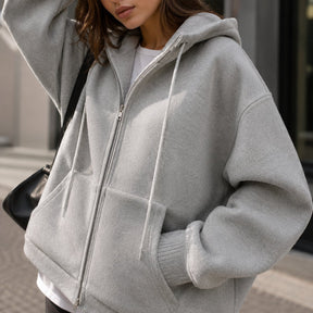 Casaco Feminino Oversize com Capuz e Zíper - Bolsos Duplos, Streetwear Solto e Quente para Inverno