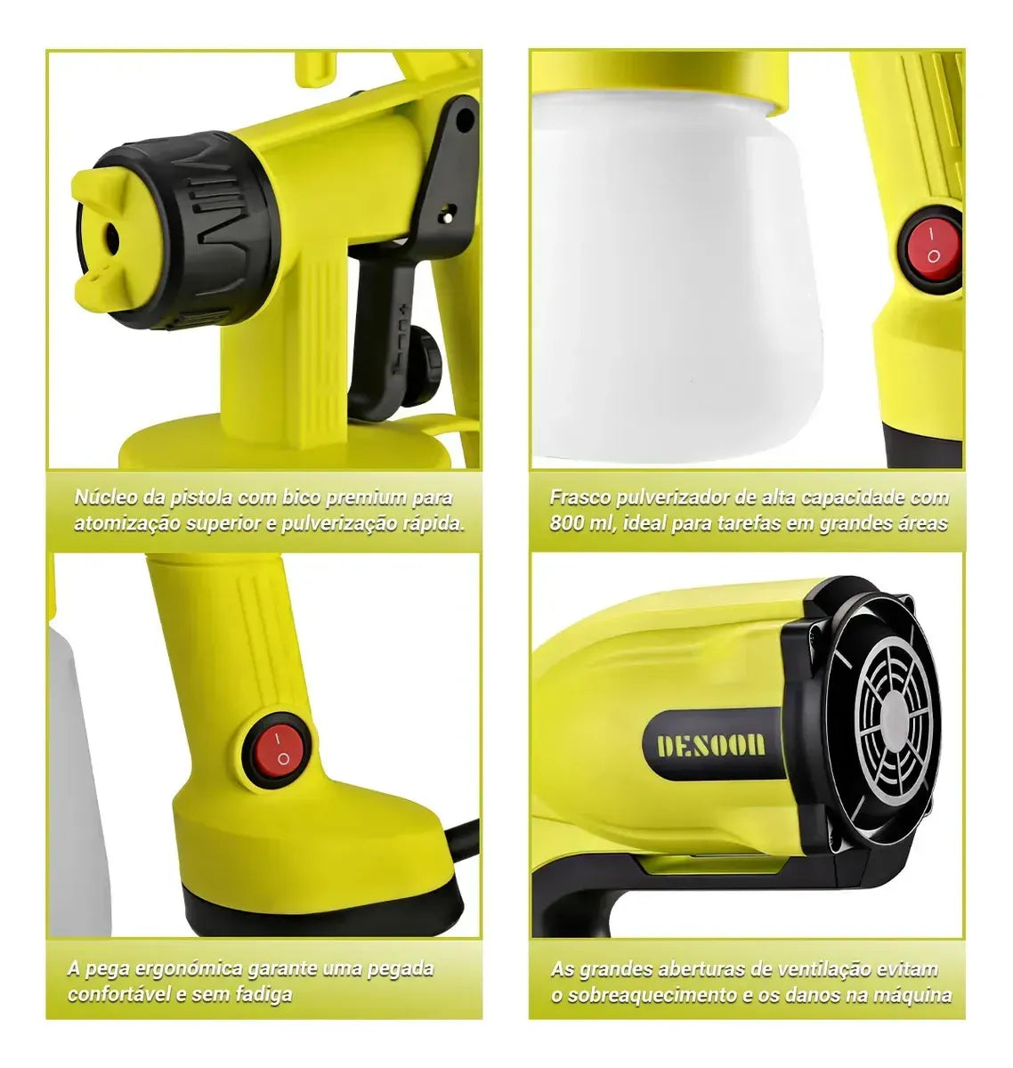 Pistola de Pintura Elétrica 800W DESOON 800ml Bico 2.0mm 38.000 RPM